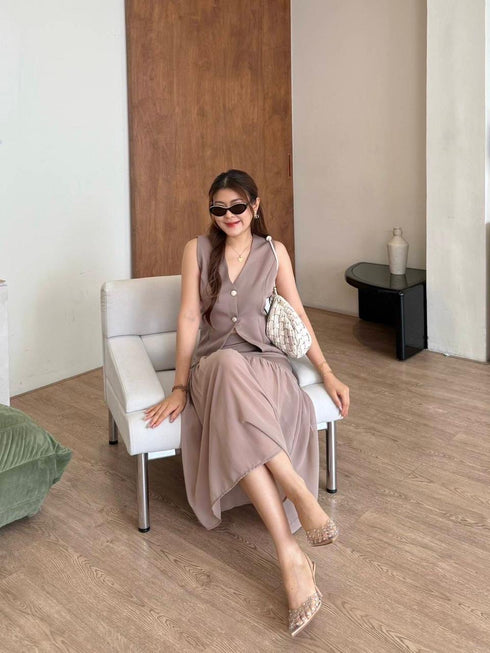 V-neck Sleeveless Blouse With Skirts Sets
